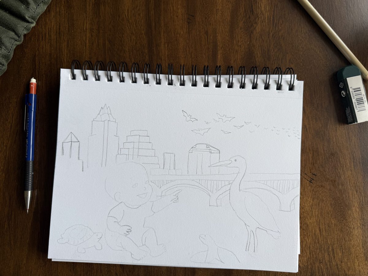 A pencil sketch of the Austin page: Arthur by Lady Bird Lake with a heron, turtles, the skyline and the Congress Avenue Bridge.