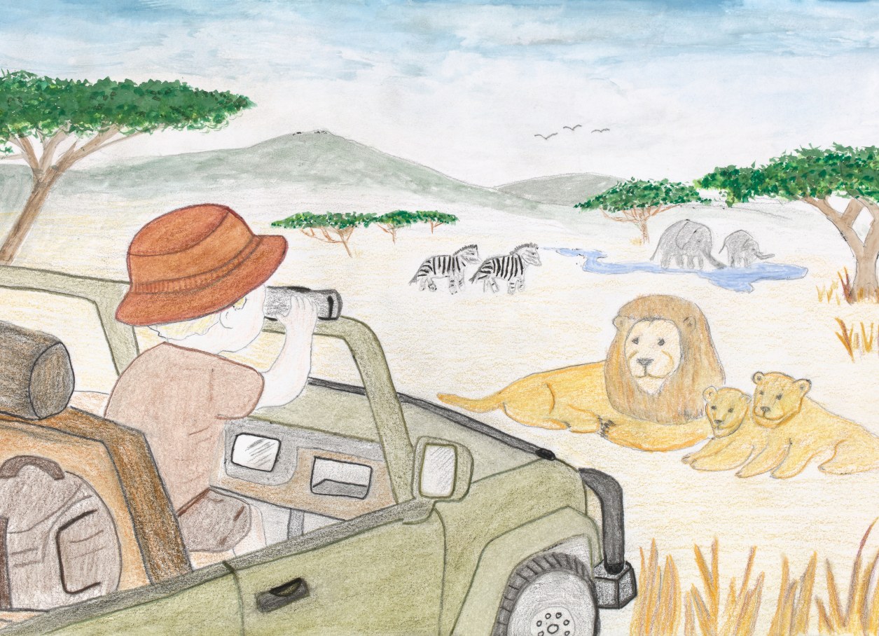Interior illustration: Arthur watches zebras, elephants and a pride of lions from a jeep on the golden savanna.